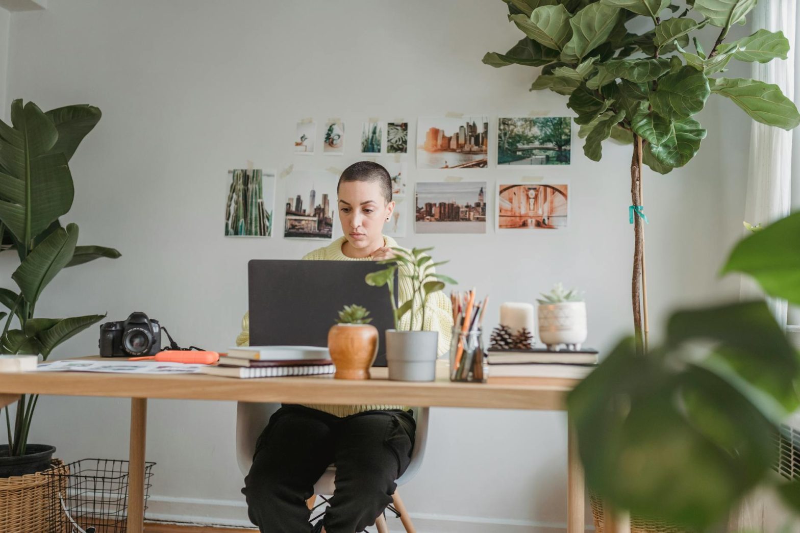 Pensive female photographer browsing netbook while sitting at wooden table with photo camera in light room with potted green plants